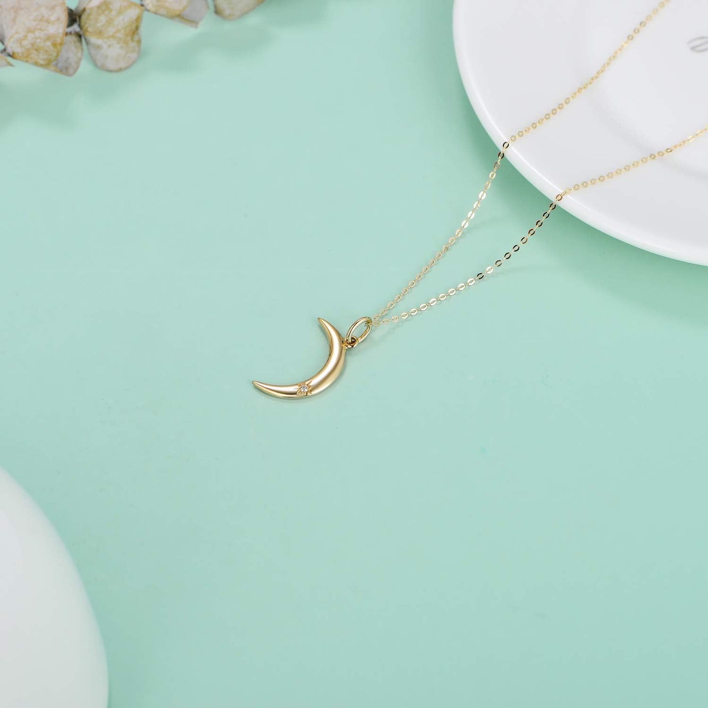 14K Gold Natural Diamond Moon Pendant Necklaces Jewelry Anniversary