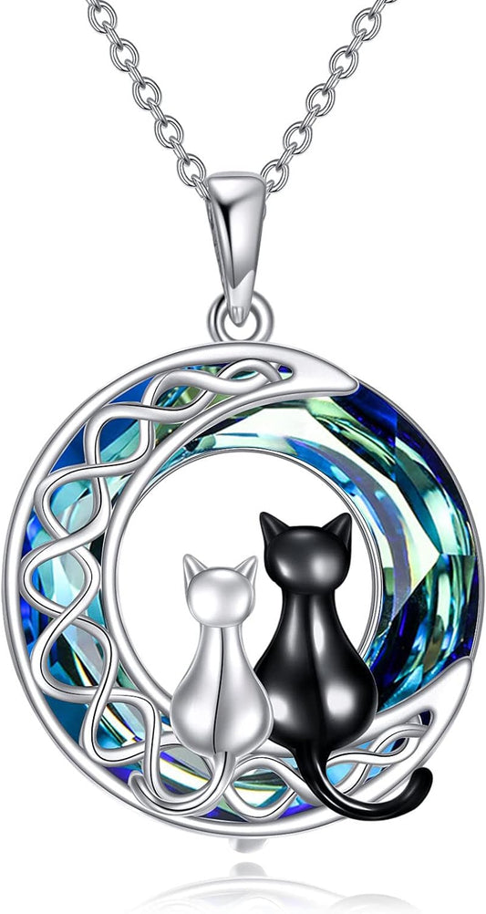 Cat Necklace for Women Sterling Silver Crystal Celtic Moon Pendant Irish Jewelry Family Gifts