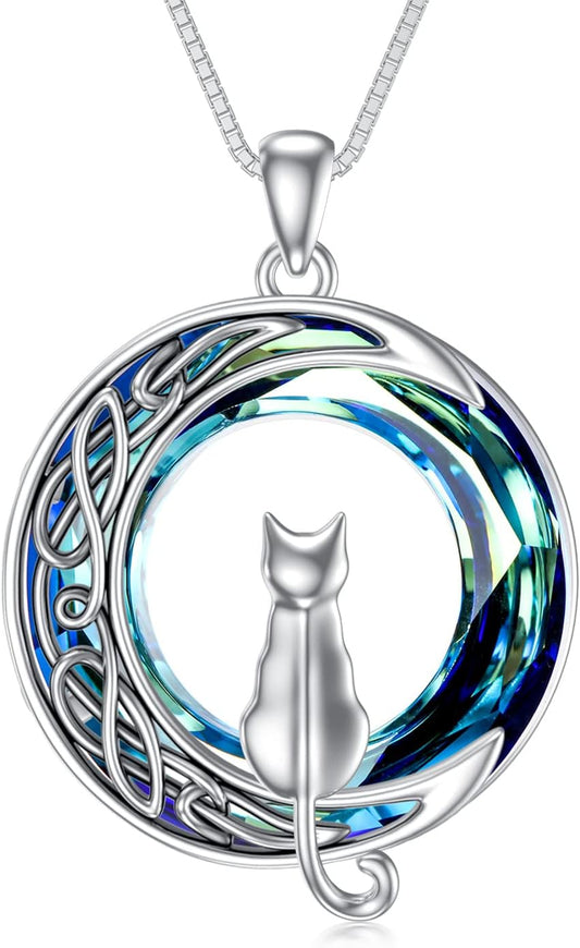 Cat on the Moon Pendant Necklace with Blue Circle Crystal