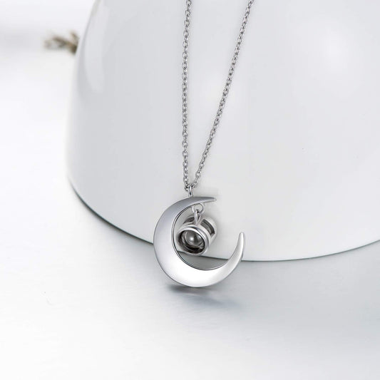 Sterling Silver Moon Necklace with I Love You in 100 Languages