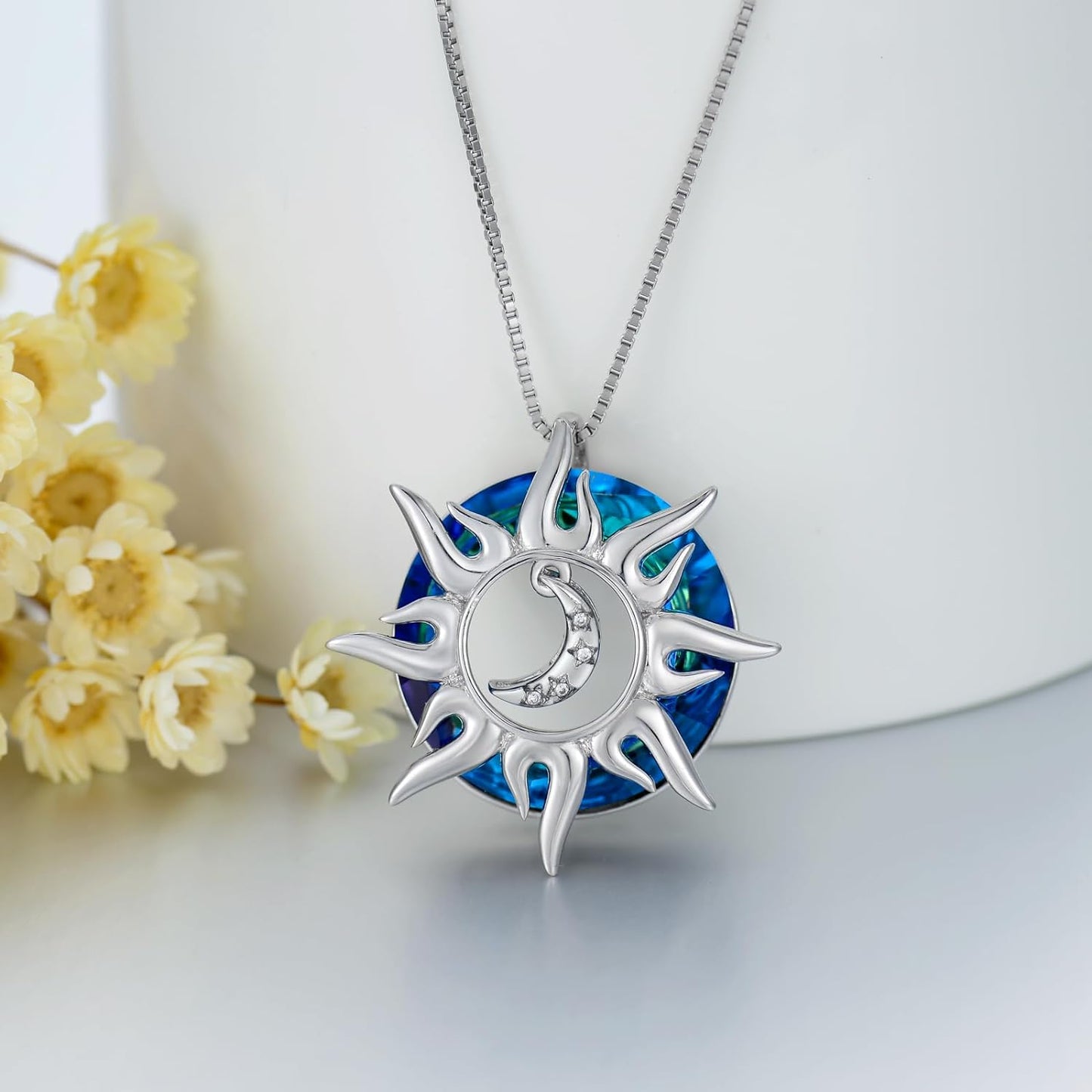 925 Sterling Silver Sun and Moon Star Pendant Necklace