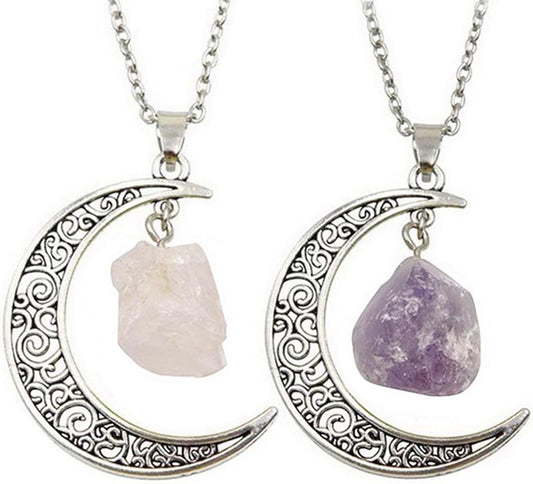 Moon Crystal Pendant, Filigree Crescent Healing Crystal Pendant Friendship Necklace