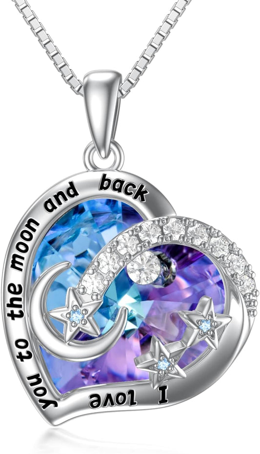 Moon Star Sun Crystal Necklace for Women Sterling Silver I Love You to The Moon and Back