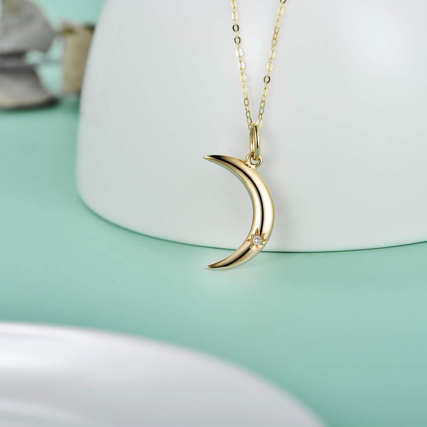 14K Gold Natural Diamond Moon Pendant Necklaces Jewelry Anniversary