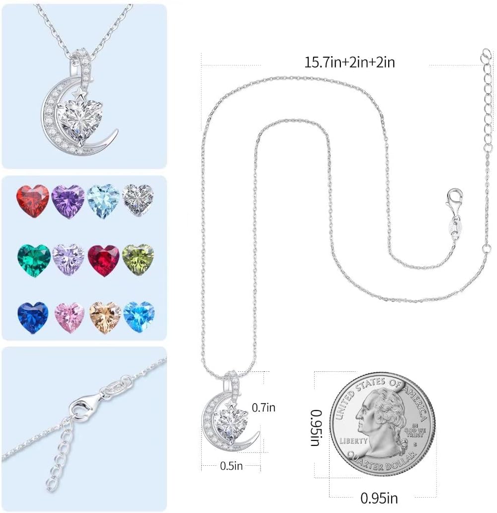 Birthstone Necklace Crescent Moon - Sterling Silver 925 Heart Pendant
