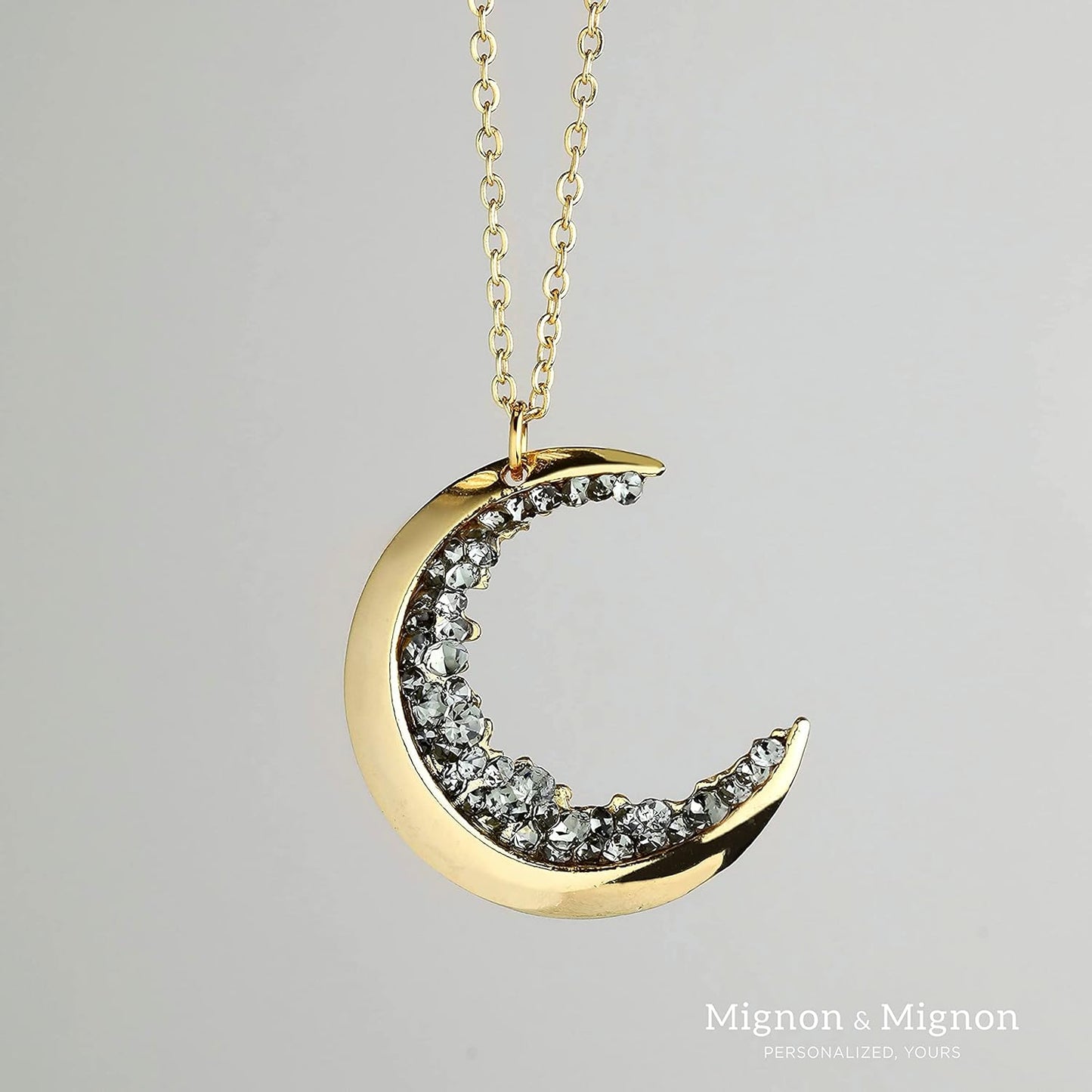 16k Gold Plated Crescent Moon Necklace with Black Crystals Mother's Day Gifts