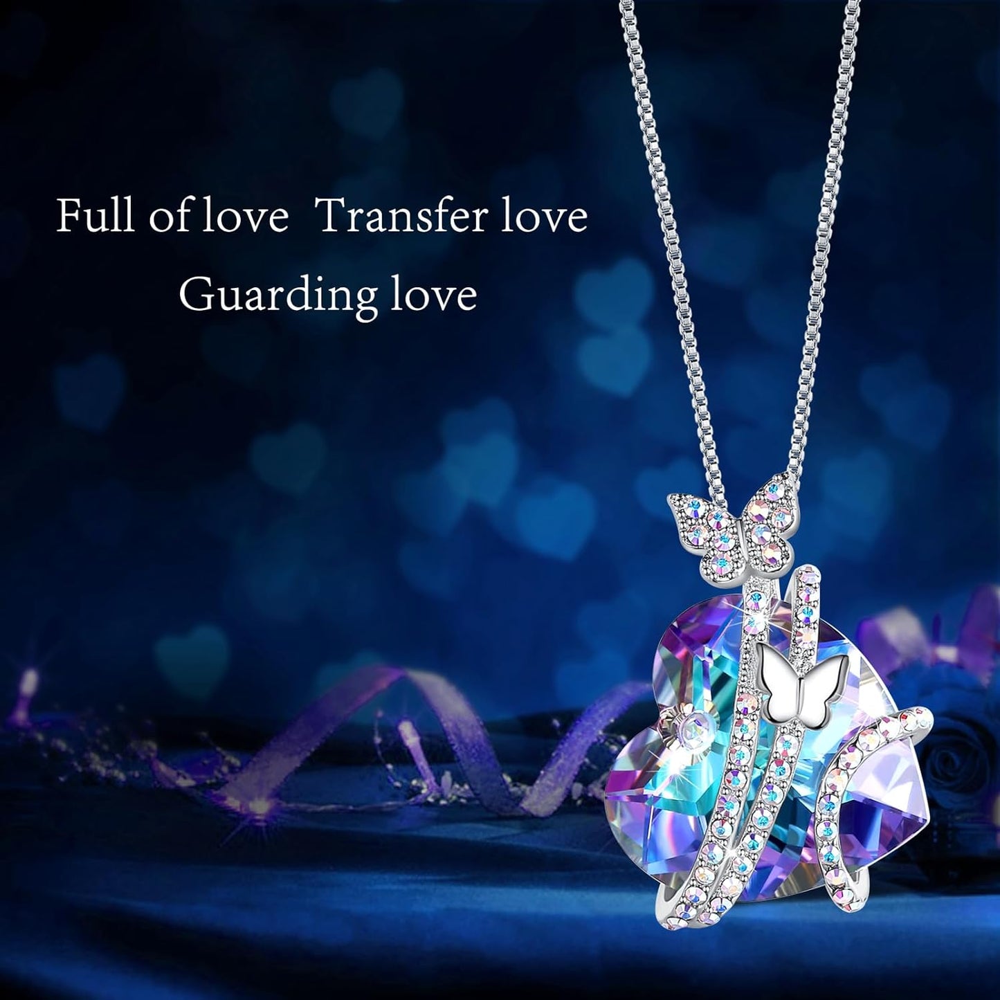 Necklaces for Women, Butterfly Love Heart Pendant Necklace with Birthstone Crystals