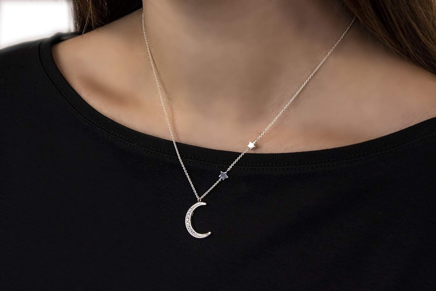 925 Sterling Silver CZ Crescent Moon and Star Necklace For Her
