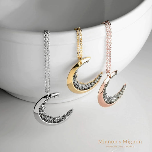 16k Gold Plated Crescent Moon Necklace with Black Crystals Mother's Day Gifts