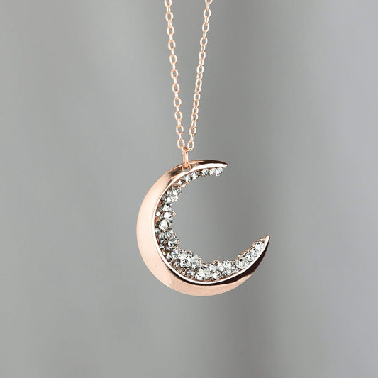 Rose Gold Crystal Crescent Moon Necklace Crystal Necklace