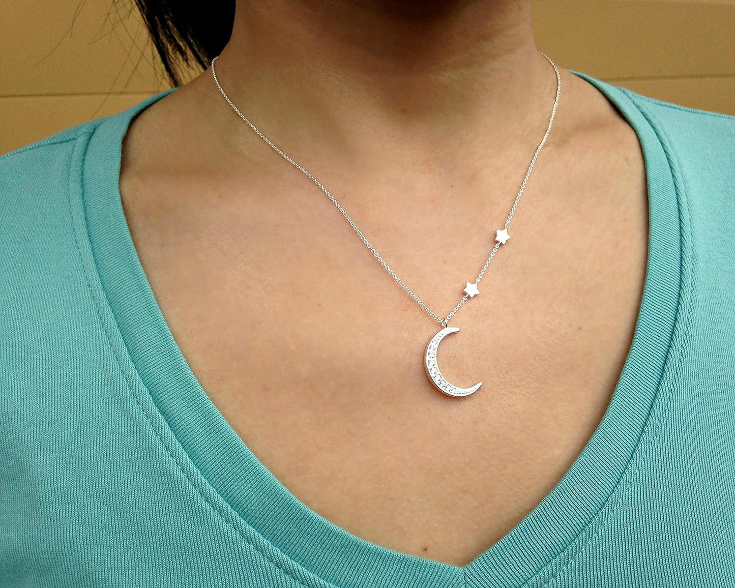 925 Sterling Silver CZ Crescent Moon and Star Necklace For Her